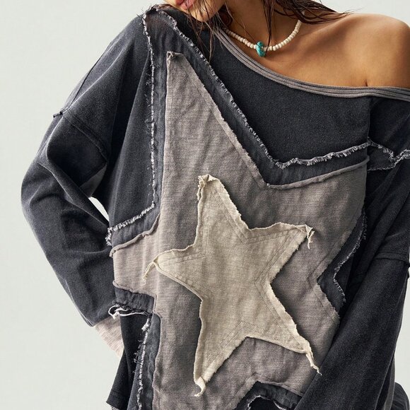 Boho Casual Women's Asymmetric Hemline & Patchwork detail Boho Loose Fit Shirt - Picture 1 of 7